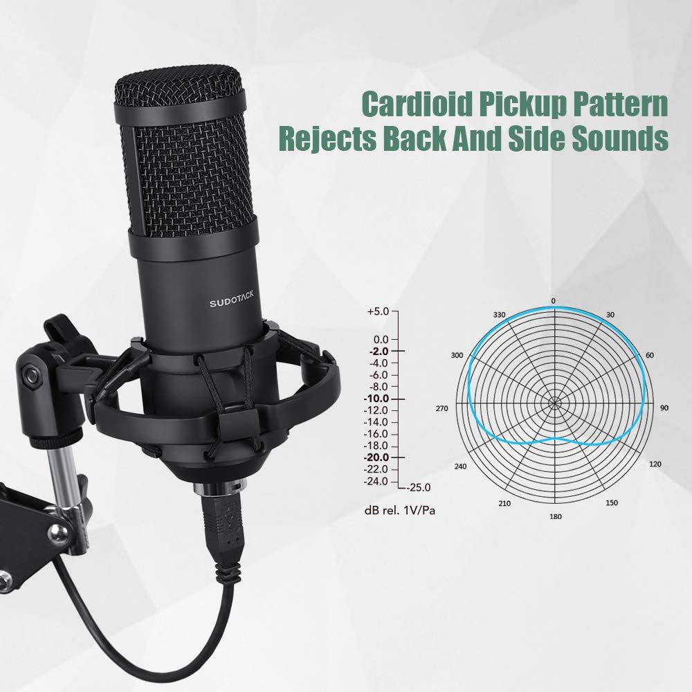 USB Streaming Podcast PC Microphone, SUDOTACK professional 192KHZ/24Bit Studio Cardioid Condenser Mic Kit with sound card Boom Arm Shock Mount Pop Filter, for Skype YouTuber Karaoke Gaming Recording: Musical Instruments