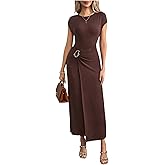 Milumia Women's Short Cap Sleeve Bodycon Midi Dresses Crewneck Elegant Metal Button Wrap Tie Waist Long Dress Coffee Brown X-Large