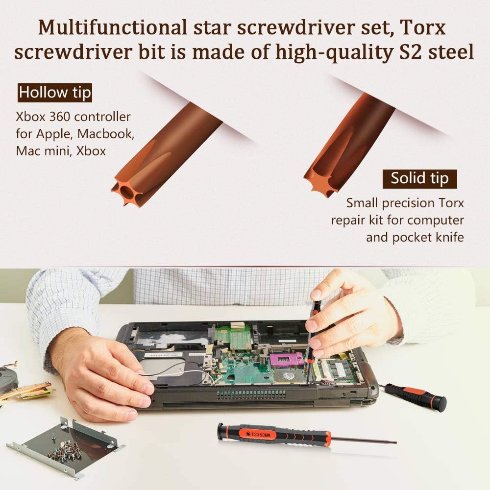 XBRdepot Torx Screwdrivers Set T2 T3 T4 T5 T6 T7 T8 T9 T10 Security Torx Bits Star DIY Repair Kit ESD Tweezers for Xbox PS4 Macbook Laptop Computer Doorbell Folding Knife HDD - Video Game Accessory Kits - 