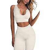 QINSEN Workout Outfits for Women 2 Piece Ribbed Seamless Crop Tank High Waist Yoga Leggings Sets
