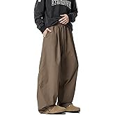 Mens Baggy Wide Leg Pants Elastic Waist Drawstring Casual Pants Pleated Loose Trendy Long Trousers with Pockets