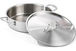 DELARLO Tri-Ply Stainless Steel 8 Quart Braiser Pan with Lid Induction Rondeau Pot with Lid 12inch Deep Frying Pan Large Saut