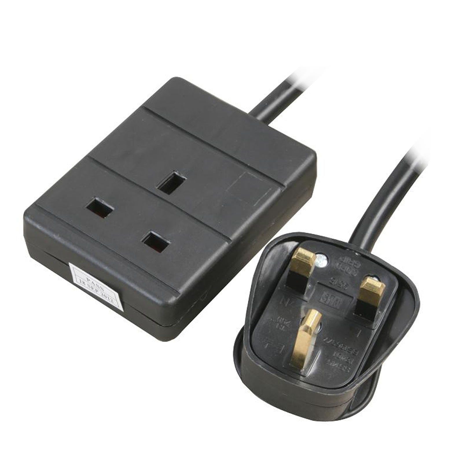 kenable 1 Gang UK Mains Power Extension Lead | 13A Single Socket | Rewireable 3 Pin Plug | BS1363 Approved | Black 2m