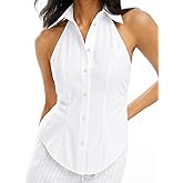 SUNNOW Women's Halterneck Sleeveless Button Down Shirt Tie Waist Open Back Blouse Casual Tops