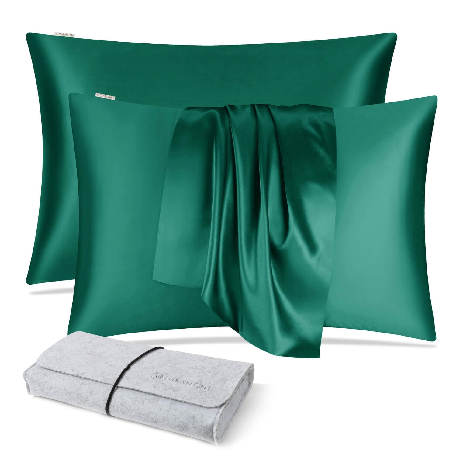 DISANGNI 100% Natural Mulberry Silk Pillow case for Hair and Skin with Hidden Zipper 22 Momme Both Sides Real Silk Pillow Case (2pc 50x75cm, Dark Green)