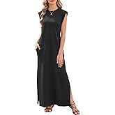 Enaisyl Maxi Dresses for Women Round Neck Loose Casual Maxi Sundresses with Sleeves Casual Summer Split Dress with Pockets