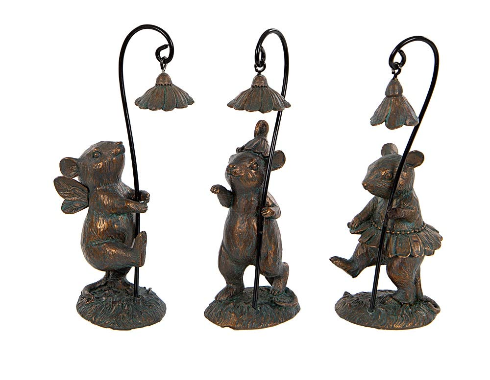 F&G Supplies A delightful set of three fairy mice carrying little snowdrop umbrellas! - beautifully crafted in verdigris bronze finish