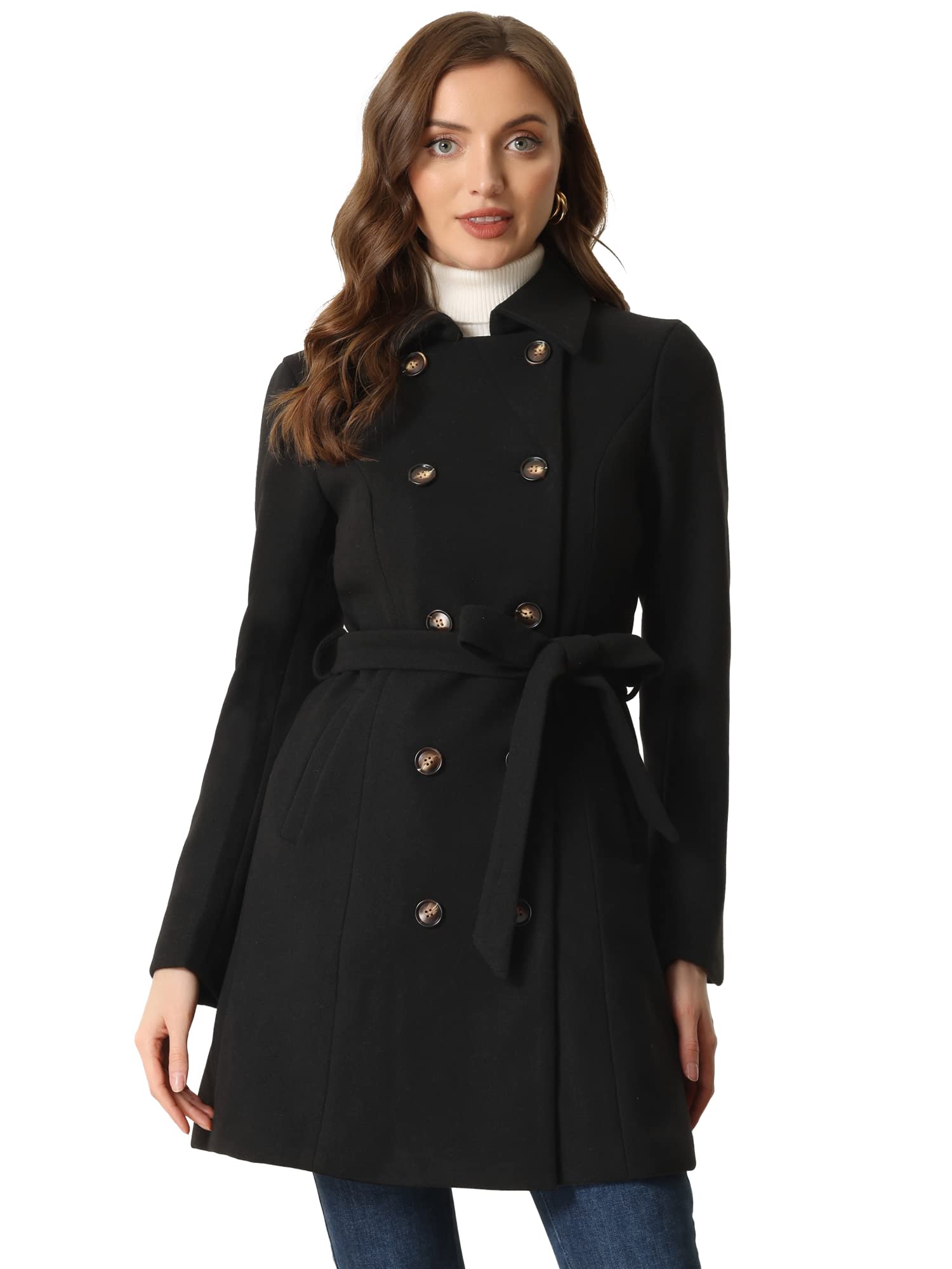 Photo 1 of Allegra K Winter Trench Coat for Women Overcoat Belted Outwear Double Breasted Mid Long Pea Coat Large Black