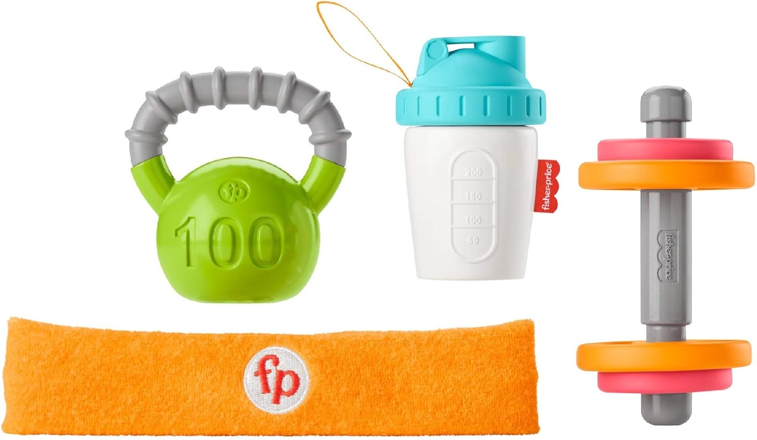 Fisher-Price Baby Biceps Gift Set, 4 fitness-themed baby toys with wearable costume bib, rattle and teether for babies ages 3 months and older: Toys & Games