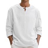 Men's Linen Shirts Casual Long Sleeve Pleated Front T-Shirt Button Henley Collared Loose Lightweight Pullover Top