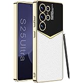 Clatoxi Leather Case for Samsung Galaxy S25 Ultra with Electroplated Frame, Vintage Luxury PU Non-Slip Grip Shockproof Full Body Protective Cover Phone Cases for Samsung Galaxy S25 Ultra 5G (White)