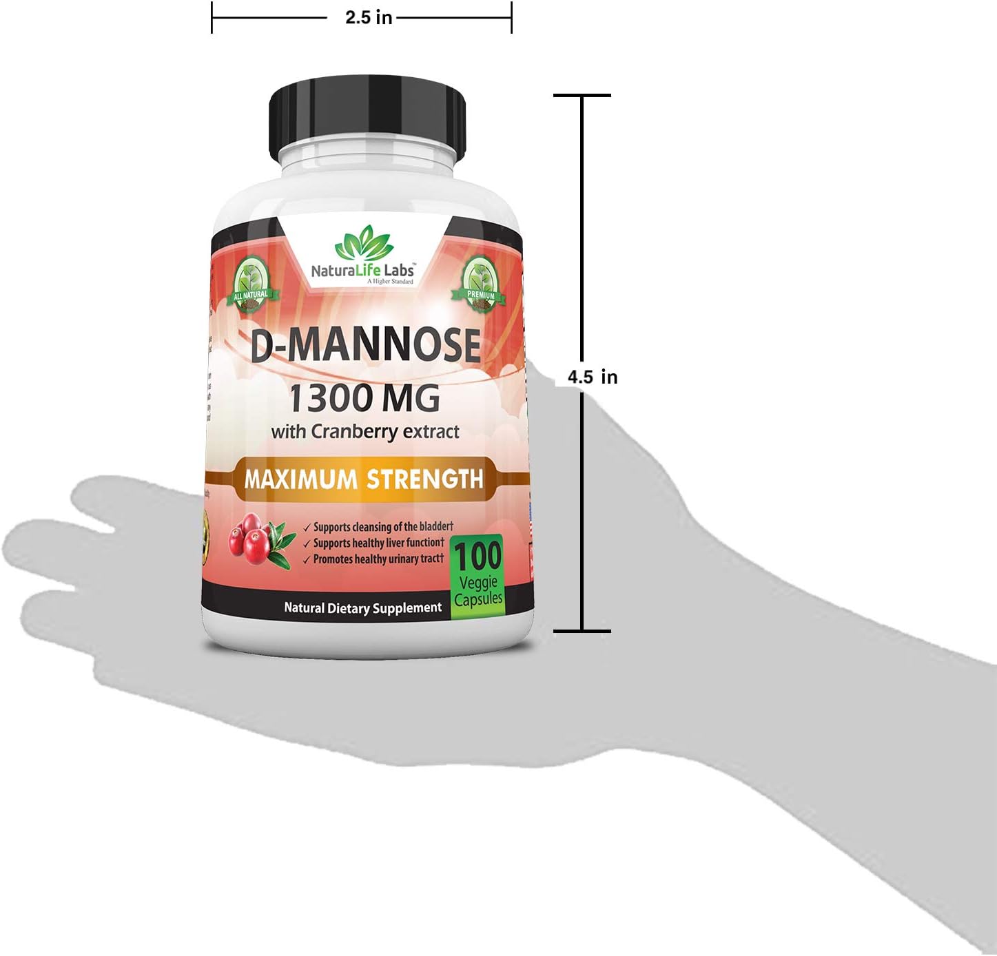 D-Mannose 1,300 mg with Cranberry Extract Fast-Acting, Flush Impurities, Natural Urinary Tract Health- 100 Veggie Capsules: Health & Personal Care