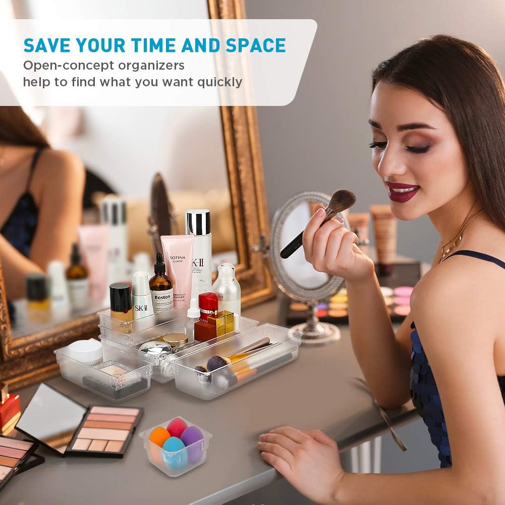 Kootek 21 Pcs Desk Drawer Organizer Trays 4-Size Bathroom Drawer Tray Plastic Storage Organizers Bins Customize Layout Dividers for Cosmetic Makeup Dresser Kitchen Flatware Cutlery Office Accessories: Home & Kitchen