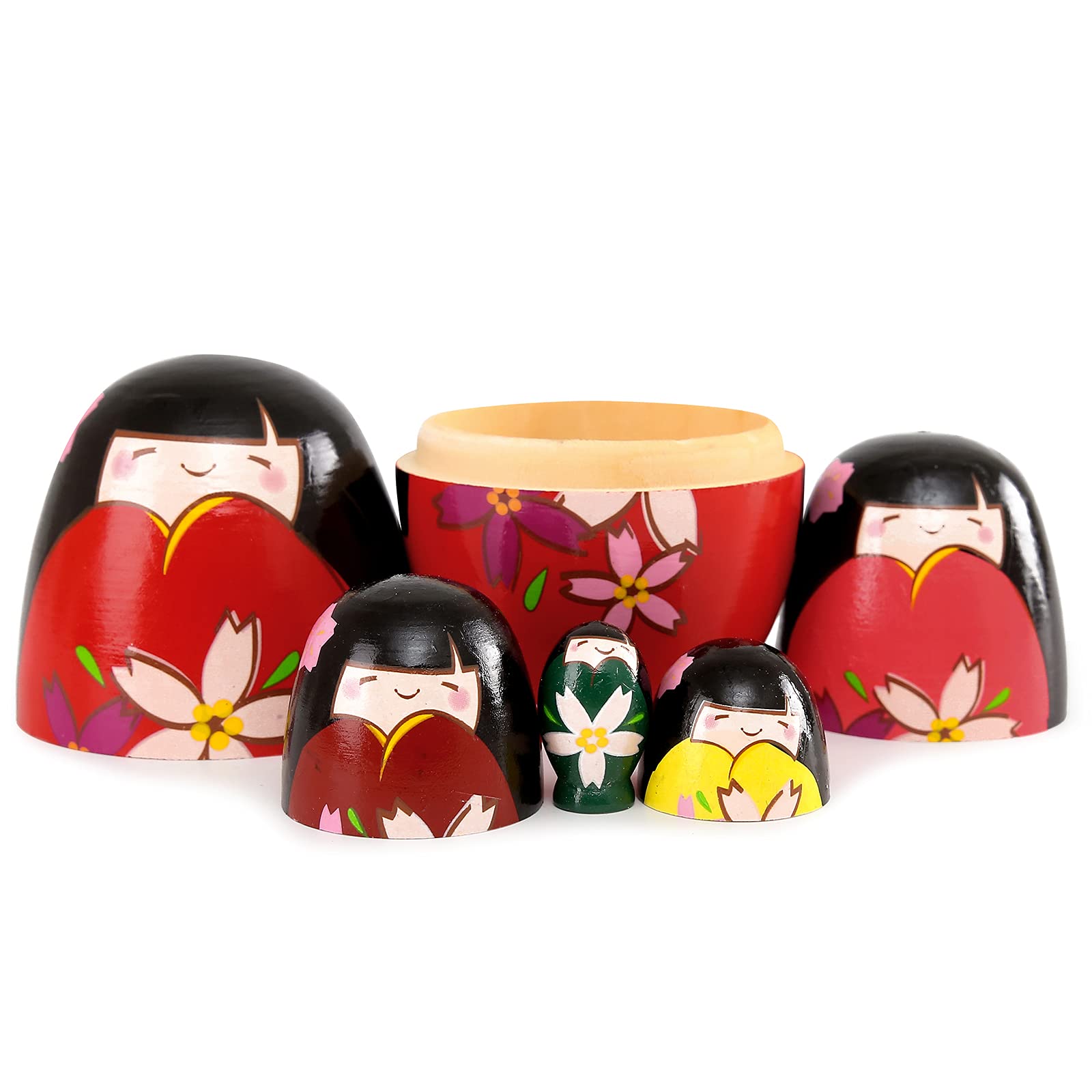 Moonmo 5pcs Beautiful Handmade Wooden Japanese Girl Russia Nesting Dolls Gift Russian Nesting Wishing Dolls Matryoshka Traditional