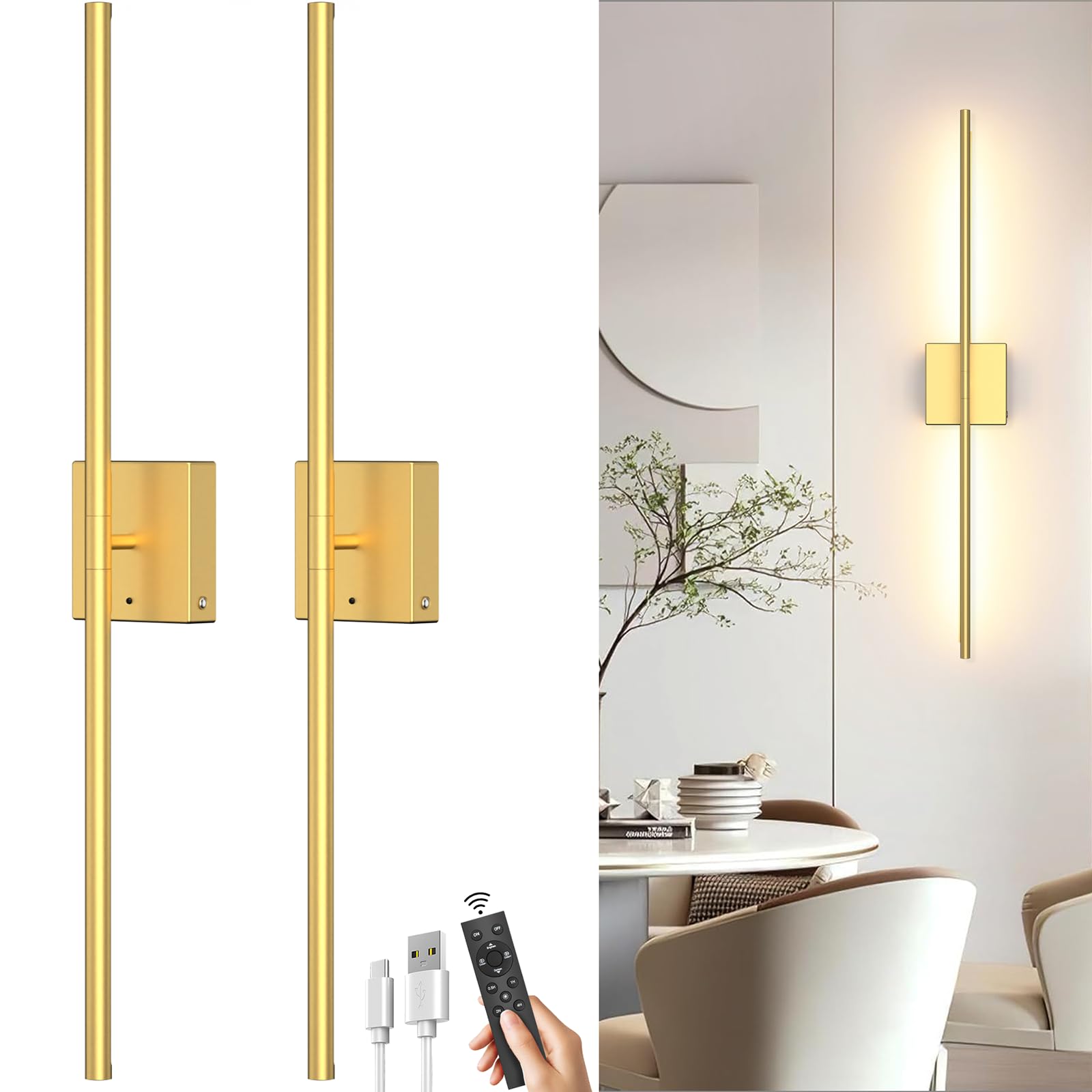 Photo 1 of Battery Operated Wall Sconce Set of Two: Wireless Rechargeable Wall Lights with Touch and Remote Control, 360°Rotatable 4CCT Dimmable Cordless Sconces Decor Gold Scone for TV Wall Bedroom Hallway