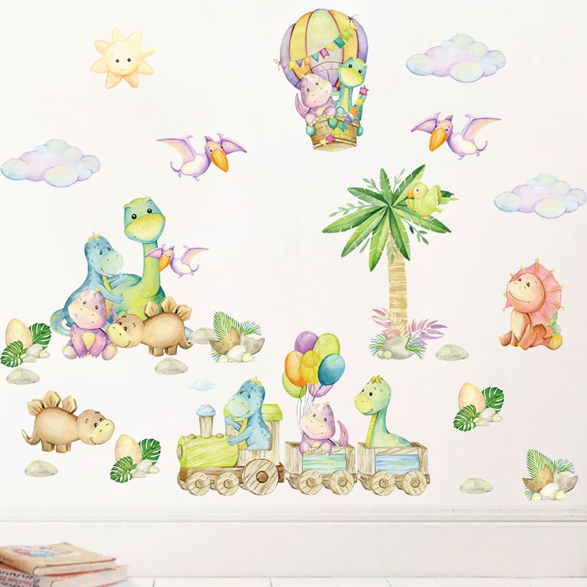 fanquare Dinosaur On The Train and Hot Air Balloon Wall Stickers, Colorful Cartoon Dinosaur with Cloud Wall Decals Decorative Mural for Living Room Bedroom Baby Nursery
