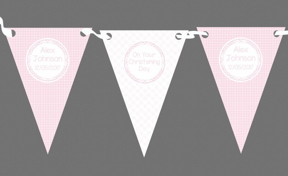 Girl Pink Flowers & Check Personalised Christening Baptism Bunting - Banner Decoration