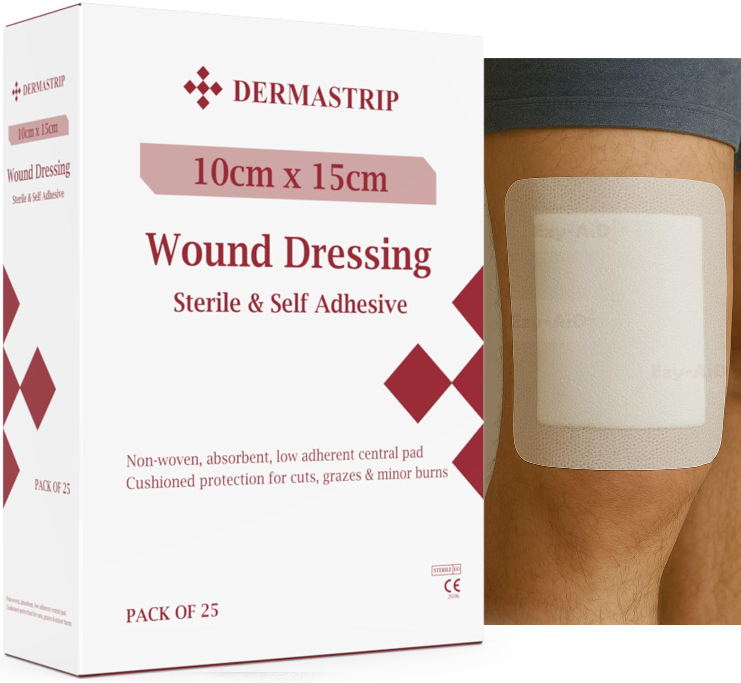 25pk - 10cm x 15cm DermaStrip Sterile, Extra Large Adhesive Wound Dressings, Cushioned Protective pad, Individually Wrapped 25 per Pack