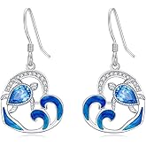 Turtle Earrings for Women 925 Sterling Silver Blue Aquamarine Sea Turtle with Wave Drop Earrings