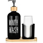 Black Mouthwash Dispenser for Bathroom - 16oz Pump Glass Bottle with Cup Holder, 14 Mouthwash Cups,Bamboo Tray, and Funnel - Bathroom Mouthwash Container