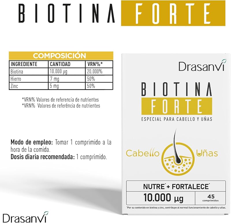 Biotina para el Cabello 10.000 mcg | Piel y Uñas, Zinc y Hierro | Drasanvi