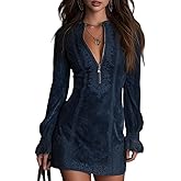 Apvirdy Women's Suede Mini Dress Elegant Lace Patchwork Long Sleeve Half Zip Cowgirl Dress Vintage Slim Fit Western Dresses