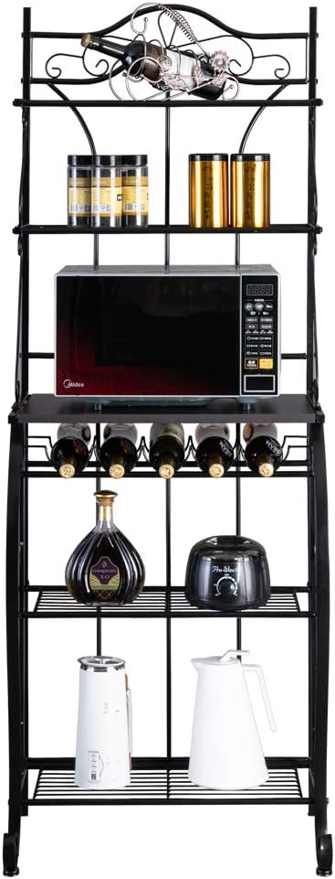 ROVSUN Upgrade Multiuse 5-Tier Metal Kitchen Bakers Rack, Microwave Storage Rack Oven Stand with Wine Storage Organizer Workstation Black (25" x 16" x 68") - Standing Baker's Racks