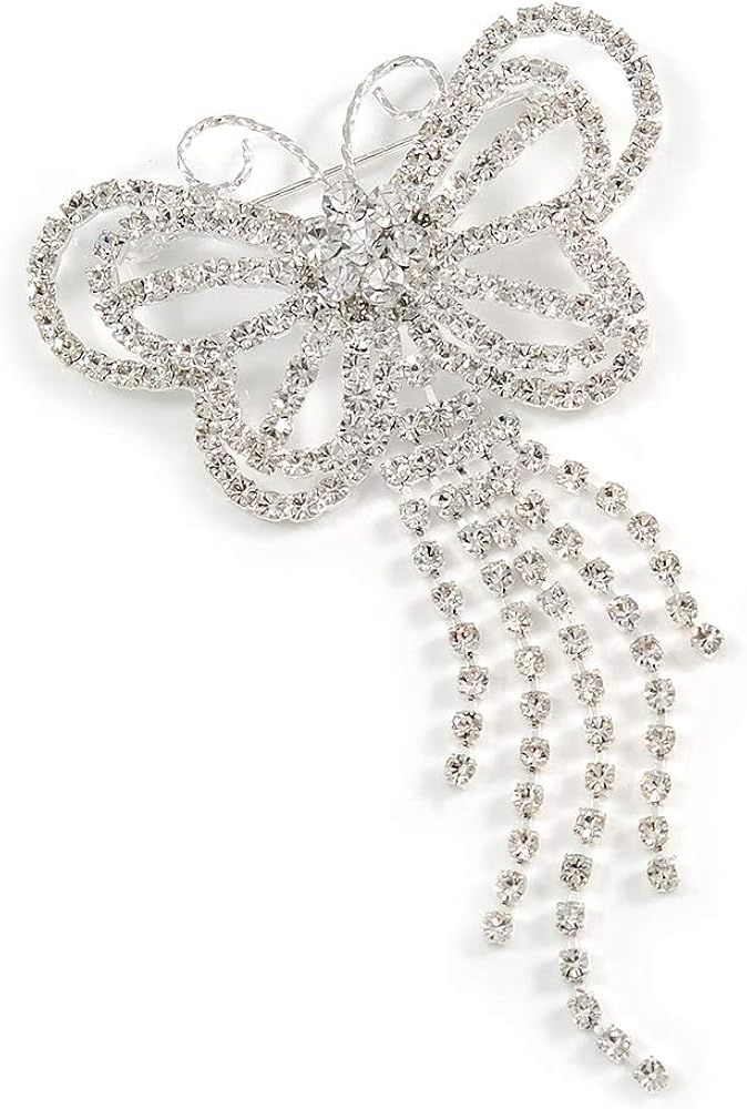 Striking Diamante Butterfly With Dangling Tail Brooch, silver, white / ivory, iridescent