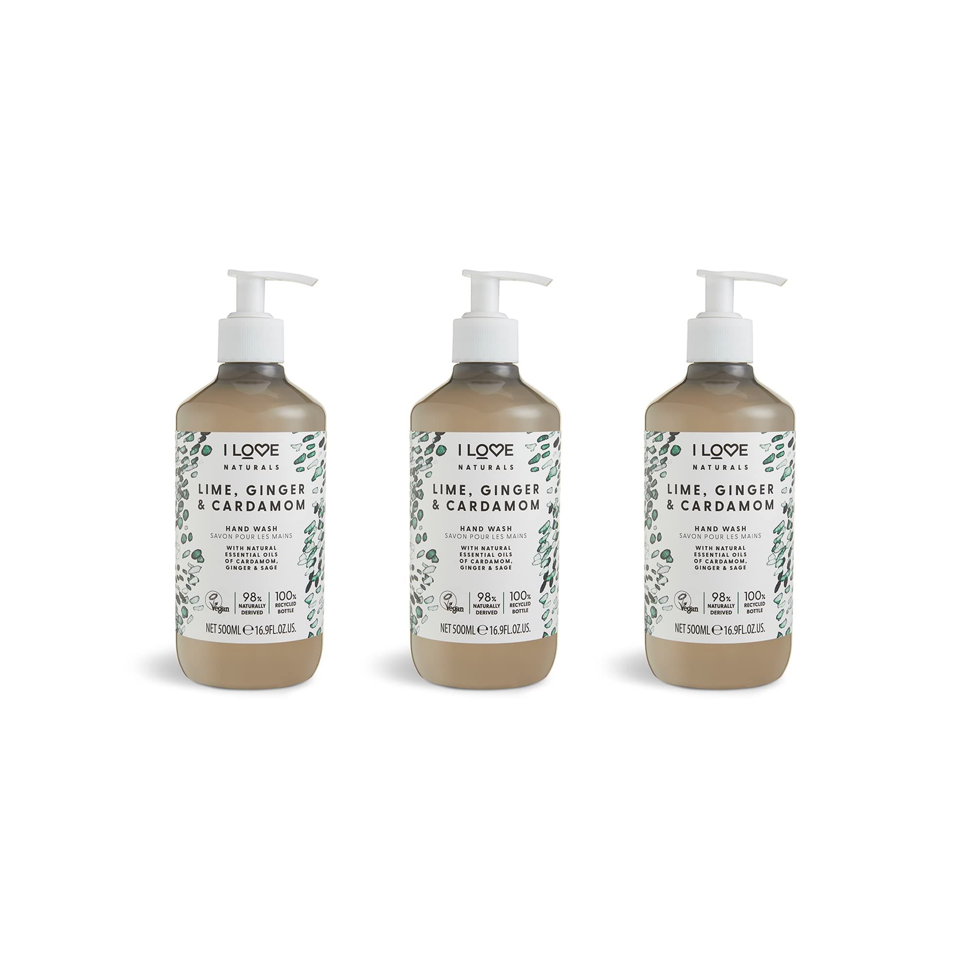 I Love Naturals Lime, Ginger & Cardamom Hand Wash – With Natural Oils of Cardamom, Ginger & Sage – Gently Cleanses & Refreshes – Uplifting Scent – Vegan & Cruelty-Free Hand Soap 3 x 500ml