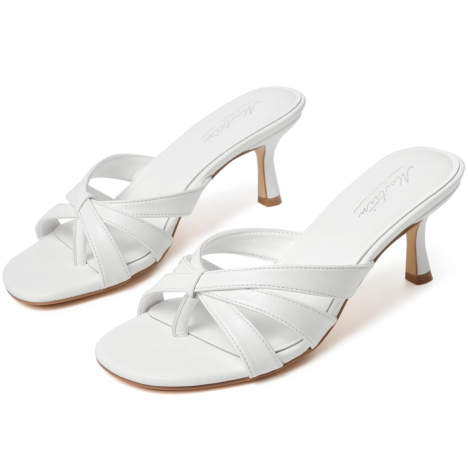 Photo 1 of Mostrin White Strappy Kitten Heels for Women Round Toe Flip Flops Slip On Mules Heeled Sandals Thong Dress Shoes for Summer Vacation Wedding Daily Size 8