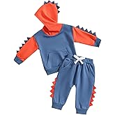 PUHHAPIEY Toddler Baby Boy Clothes Fall Winter Outfits Color Block Dinosaur Long Sleeve Hoodies Sweatshirt & Jogger Pants