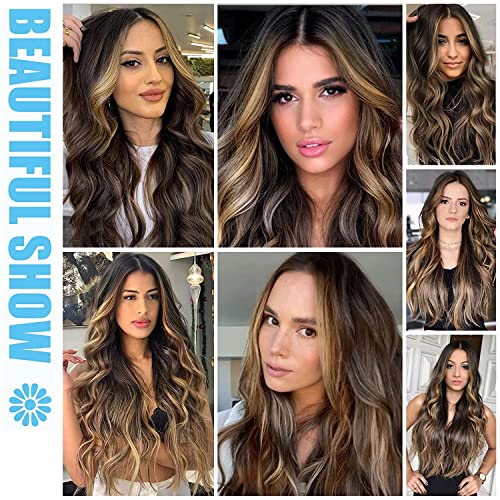 POPTAIYU Long Brown Mixed Blonde Wavy Highlight Lace Front Wig for Women 26 Inch Middle Part Curly Wig Natural Looking Synthetic Heat Resistant Imported Fiber Wig for Daily Party Use (Brown Mixed Blonde)