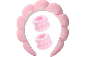 Luckybear Spa Headband for Washing Face, Velvet Makeup Headband, Bubble Skincare Headbands with Face Wash Wristbands, Sponge Puffy Headband for Women Skin Care - Pink