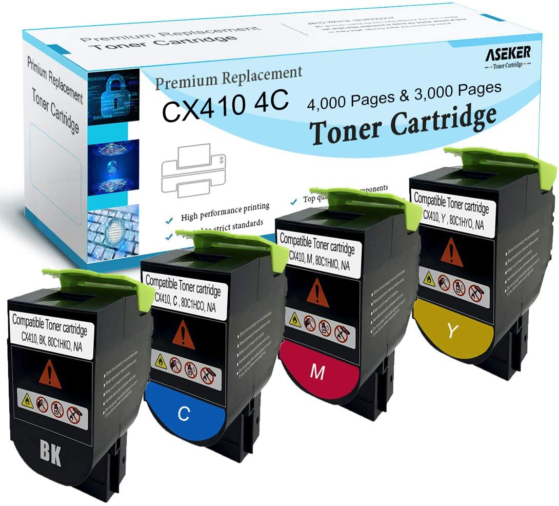 ASEKER Compatible CX410 CX510 Toner Cartridge for Lexmark CX410de CX410dte CX410e CX510de CX510dthe CX510dhe Printers High Yield 4000 & 3000 Pages 80C2HK0 80C2HC0 80C2HM0 80C2HY0 (BK/C/M/Y)