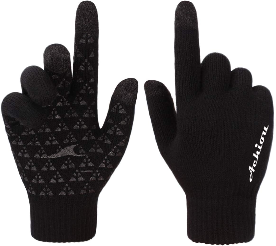 Achiou Winter Knit Gloves Touchscreen Warm Thermal Soft Lining Elastic Cuff Texting Anti-Slip 3 Size Choice for Women Men: Clothing