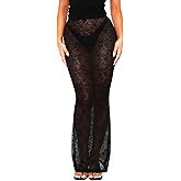 OZICERD Sheer Mesh Lace Maxi Skirts for Women Bodycon Pencil Skirt See Through Rave Vacation Beach Coverup Long Skirt