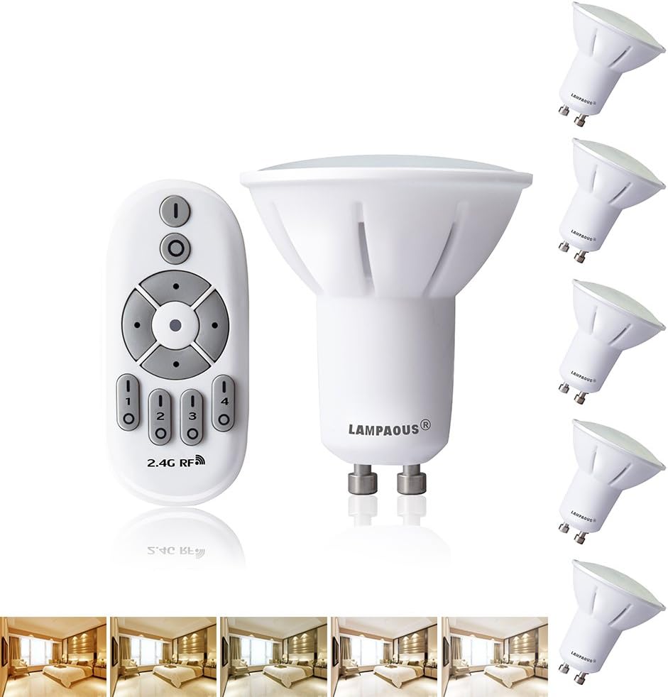 LAMPAOUS Remote Control Light Bulbs,Smart GU10 LED Bulb,50W Halogen Lamp Replacement,2700k to 6500k Dimmable,2 Prong Spotlight for Indoor Recessed Lighting,5 Bulbs+1 Remote Pack
