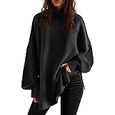 Saodimallsu Womens Turtleneck Oversized Sweaters Puff Sleeve Side Slit Casual Knit Tunic Pullover Tops