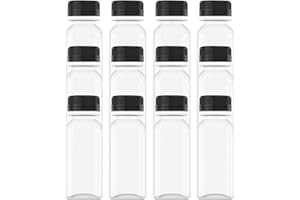 AQSXO 12 Pcs 2 OZ Mini Plastic Juice Bottles, Reusable Bulk Beverage Containers, Comes Black lid, for Juice, Milk and Other Beverages.