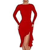 BORIFLORS Women's Mesh Long Sleeve Ruffle Hem Bodycon Midi Dresses Ruched Party Cocktail Wedding Guest Dress