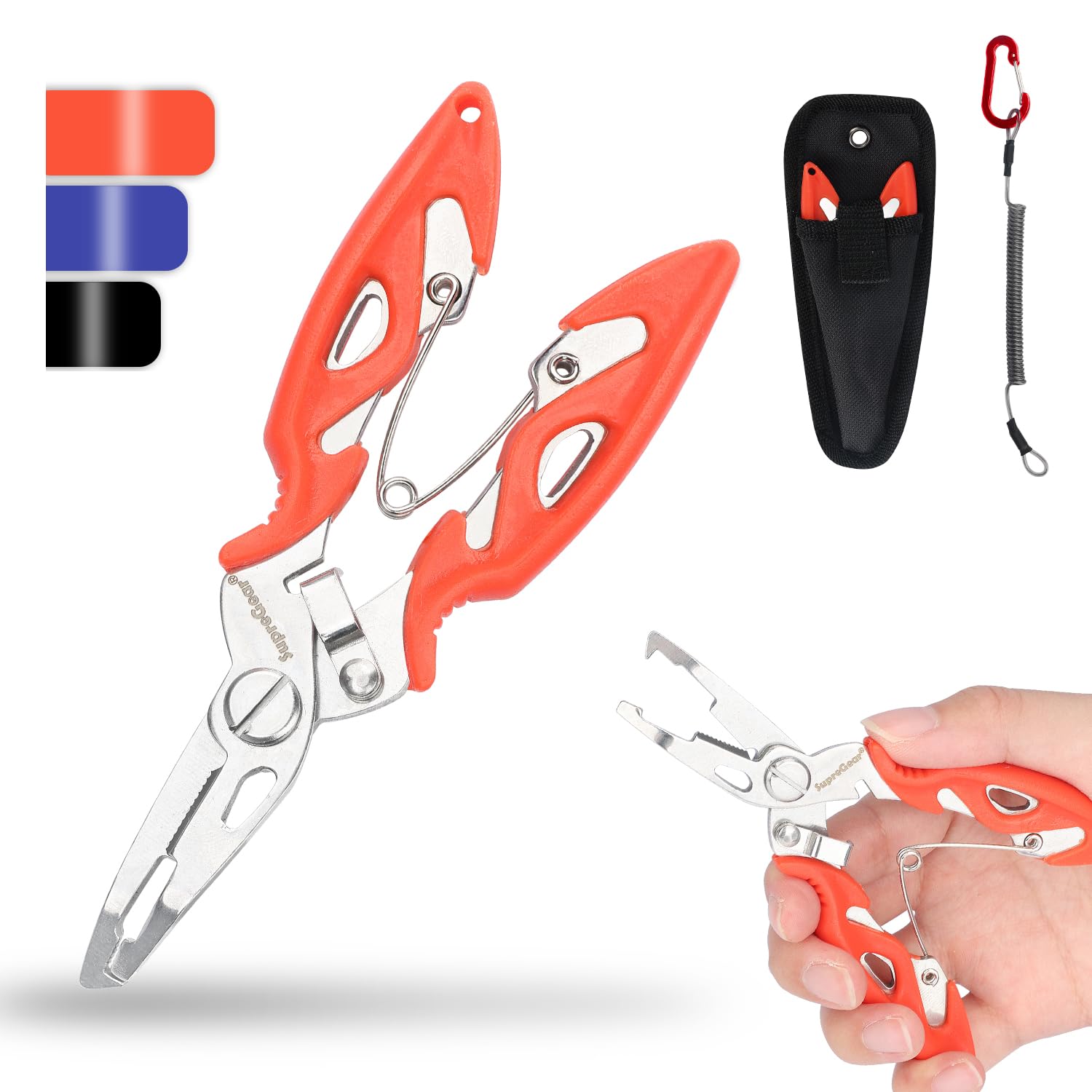 supregear Mini Fishing Pliers, Multi-Function Stainless Steel Tools with Split Ring Opener, Fish Hook Remover, Line Cutter, Sheath, Lanyard, Saltwater Resistant Fishing Gear Accessories, Orange