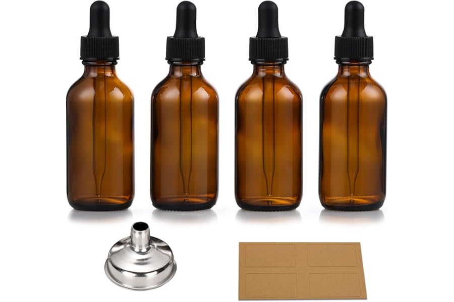 4 Pack, 1 oz Thick Dark Amber Glass Dropper Bottles with 1 Funnels & 4 Labels – 30ml Tincture Bottles with Eye Dropper – Leakproof Essential Oils Bottle – Storage and Travel for Beauty or Health