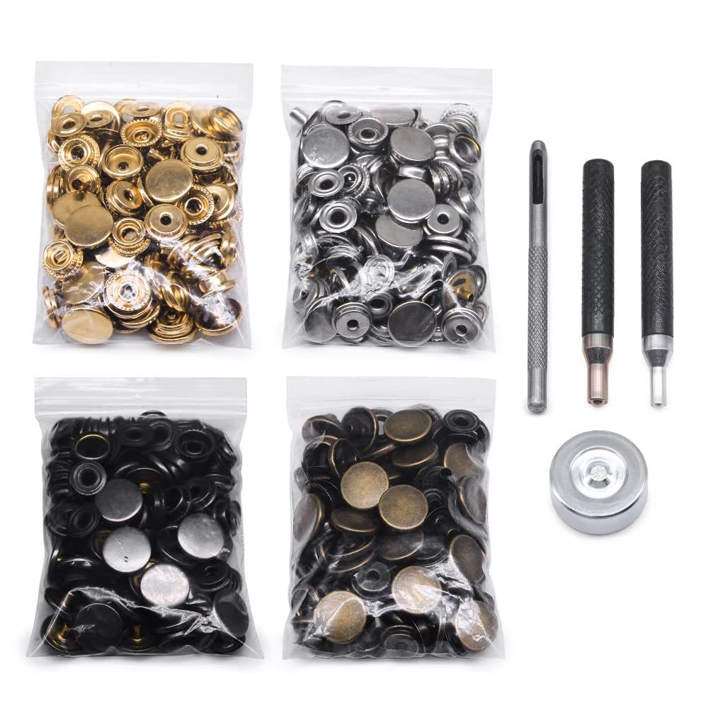 Photo 1 of 120 Set Leather Snap Fasteners Kit, 10/12.5/15mm Metal Button Snaps Press Studs with 4 Setter Tools, 4 Color Leather Snaps for Clothes, Jackets, Jeans Wears, Bracelets, Bags