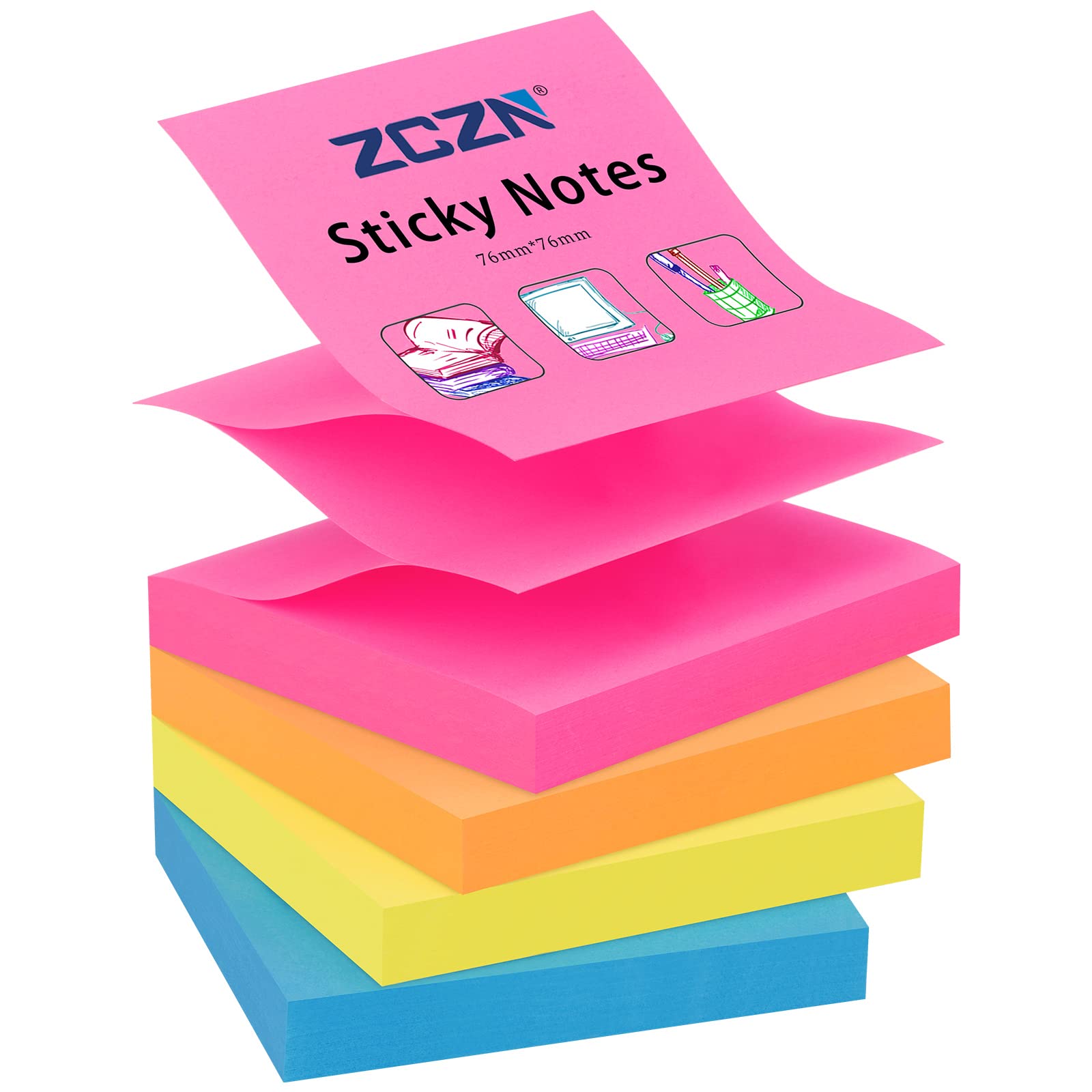ZCZN Pop-up Sticky Notes 76 x 76 mm, 4 Pads Assorted Colours Self-Stick Notes, 100 Sheets/Pad (Rose Red,Yellow,Blue,Orange)