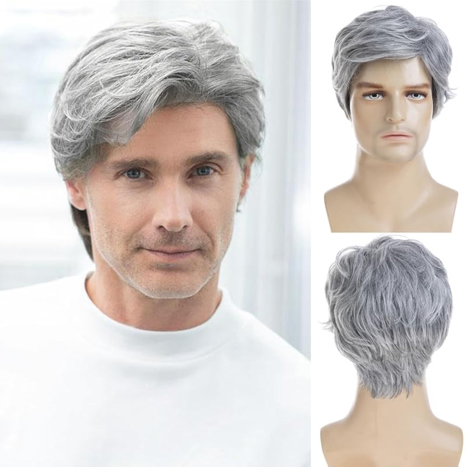 Baruisi Men Wigs Short Grey Wig Synthetic Heat Resistant Natural Halloween Cosplay Hair Wig