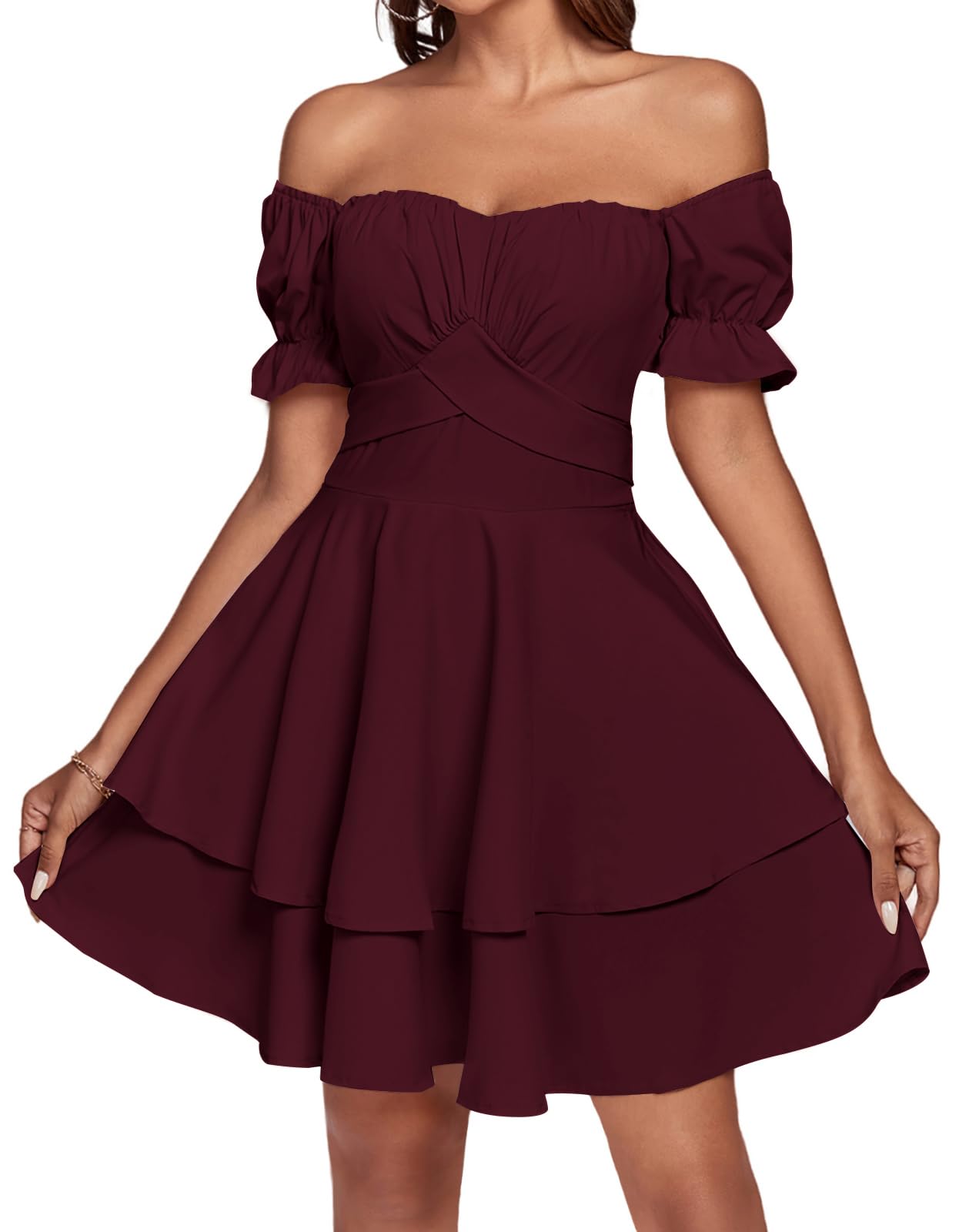 LYANER Women's Tie Back Off Shoulder Wrap Layer Ruffle Short Sleeve Mini Dress Wine Red Large - Image 5