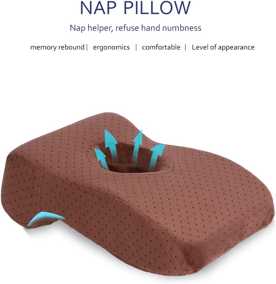 SOMIDE Nap Sleeping Face Pillow, Memory Foam Slow Rebound Face Down Desk Pillow Sleeper Back Support, Hollow Design, Removable Washable Velvet Cover Khaki