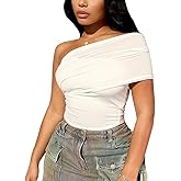 Women's Sexy One Shoulder Ruched White Crop Top Backless Slim Fit Sleeveless Camisole Cute Strappy Vest Tank T Shirt