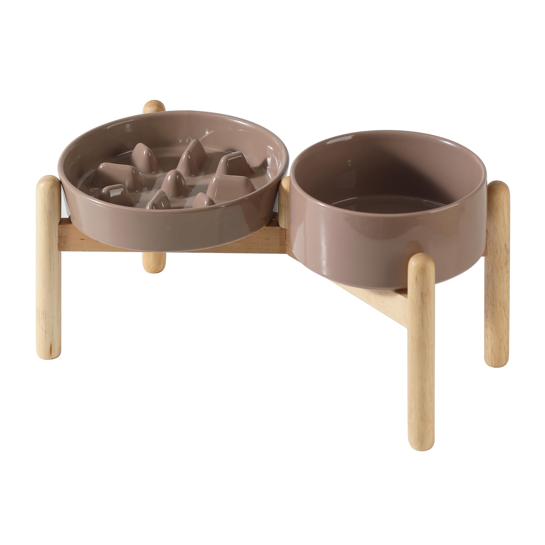 Photo 1 of Havniva Ceramic 1.2 Cup Raised Slow Feeder Dog Bowl Set, Elevated 6.1inch Bowl and 7.3inch Slow Pet Food Dish with Wooden Stand for Small and Medium Dog (2 x Brown Coffee+ Stand)