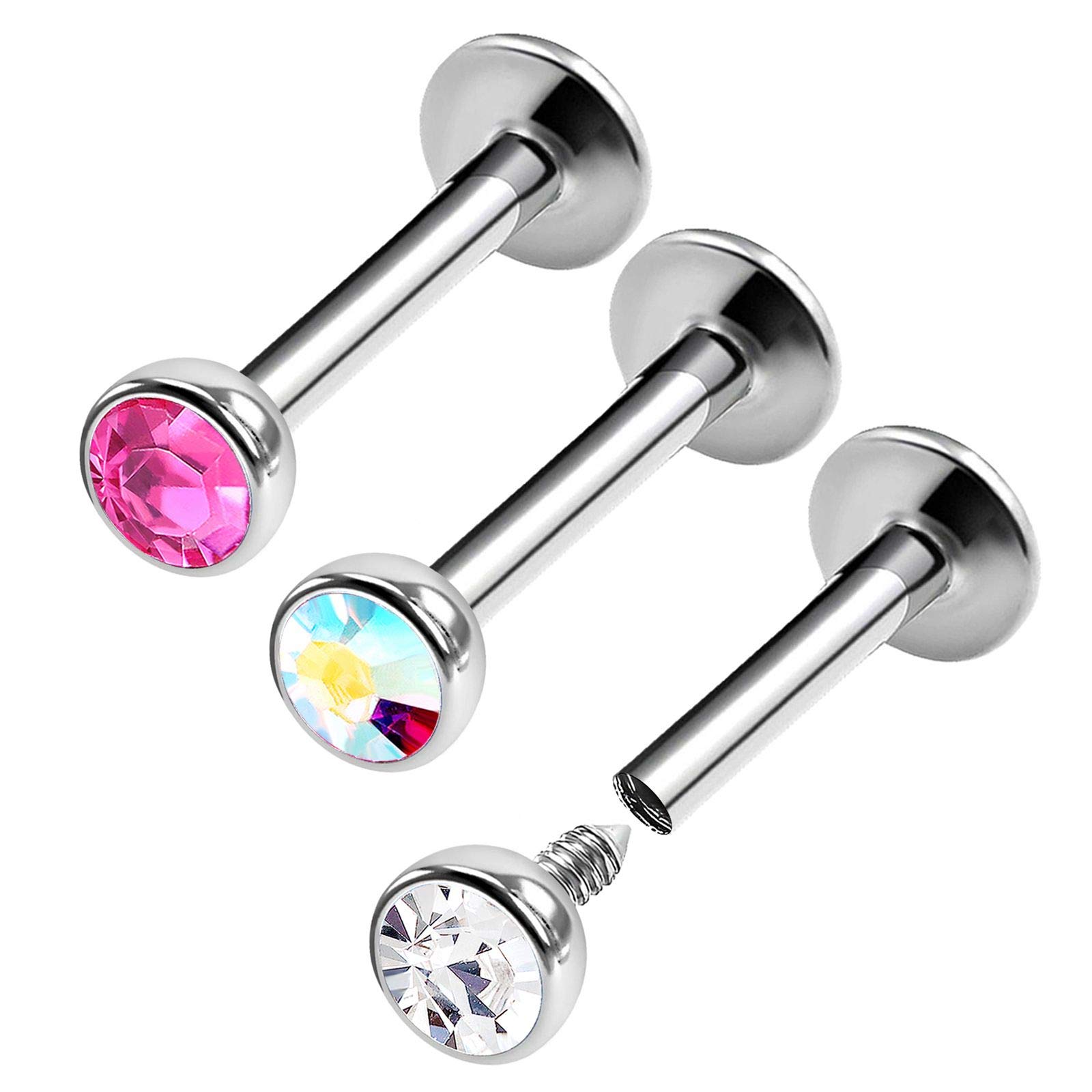 KJM FASHION 3PCS Steel Internally Threaded Labret Rings 16 Gauge 5/16 8mm 3mm Crystal Jellyfish Earring Lip Piercing Jewellery Choose Colors, Amethyst Crystal Stainless Steel Sapphire Alloy Steel